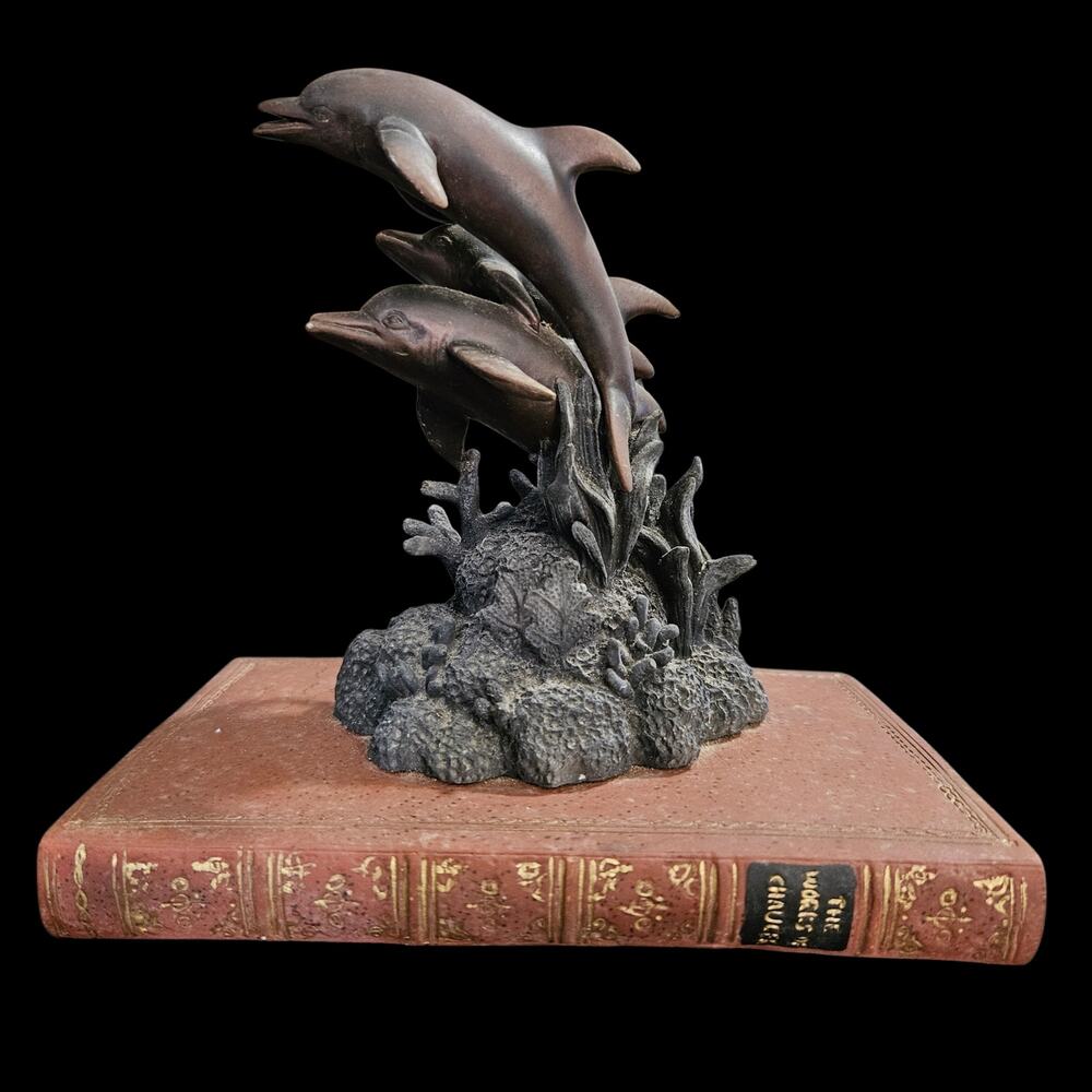 Vintage Dolphin Sculpture on Faux Book Base Coastal Nautical Decor